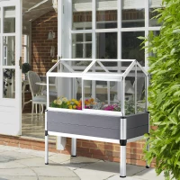 Outsunny Huerto Urbano Elevado 113,5x61x128,5 cm con Cubierta de Policarbonato con Techos Abatibles y Ventanas Correderas Marco de Aluminio y PVC para Plantas Flores Gris(m-2)