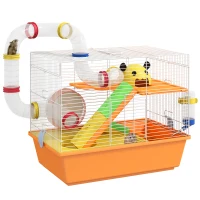 PawHut 3 Tiers Gerbil Cage, Hamster Cage with Tubes, Exercise Wheel, Ladder, Top Handle, 45 x 28 x 37cm - Orange(m-1)