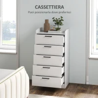 HOMCOM Cassettiera 5 Cassetti in Legno con Maniglie in Acciaio, 60x40x114 cm, Bianco(m-4)