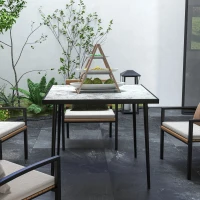 Outsunny Square Garden Table, Outdoor Dining Table for 4 with Marble Effect Tempered Glass Top and Steel Frame for Patio, Grey(m-8)