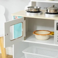 HOMCOM Three Kids Wooden Toy Kitchen Play Cooking Sets Pretend Role Playsets, with Sink, Telephone, Storage Basket, Cooking Bench, for 3-6 Years Old(m-8)