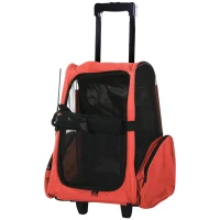 PawHut Trasportino Zaino 2 in 1 per Cani e Gatti con Tasche Laterali, Maniglia Telescopica e Ruote, 42x25x55cm, Rosso(m-1)