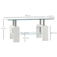 HOMCOM Tavolino da Caffè Moderno a 2 Livelli in Vetro e Legno, 90x50x42cm, Bianco(m-3)