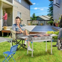 Outsunny Barbecue à Charbon Pliable Portable réglable BBQ Grill sur Pied avec tablettes rabattables, Grille, Plaque teppanyaki, Pinces, récupérateur Cendres Acier INOX.(m-2)