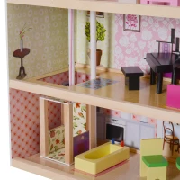 HOMCOM Casa de Muñecas con 13pcs 60x30x71,5 cm Muebles Mobiliario Casita Muñeca Juguete Madera 3 Pisos Casa de Juguete Bella de Madera Rosa(m-8)