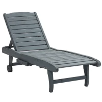 Outsunny Garden Patio Sun Lounger, Outdoor Wooden Sun Bed with Built-In Table, Reclining Backrest and Rolling Wheels for Sunbathing, Grey(m-11)