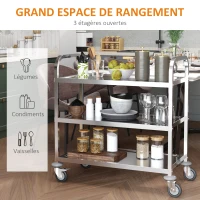 HOMCOM Desserte de cuisine à roulettes à 3 étagères, chariot de rangement en acier inox., chariot de cuisine et salle à manger, 90,5 x 50,5 x 88,2 cm, argenté(m-4)