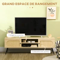 HOMCOM Lot de Meuble TV et Meuble de rangement - design aspect bois et cannage - 2 passe-câbles - pieds métal noir - naturel(m-4)