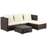 Outsunny 3 Pieces Rattan Garden Furniture Sofa Set, 4 Seater Garden Corner Sofa with 5-Level Reclining Sun Lounger and Storage Coffee Table, Outdoor Furniture Conservatory Set with Cushions, Brown(m-1)