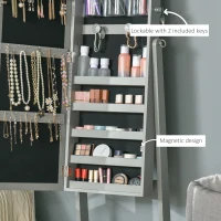 HOMCOM Jewellery Cabinet with LED Light, Lockable Jewellery Organiser with Full-Length Mirror for Bedroom Dressing Room, Grey(m-7)