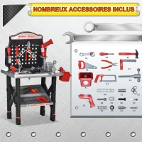 HOMCOM Etabli et Outils pour Enfant - Jeu d'imitation Bricolage - Nombreux Accessoires Plus de 50 pièces & Outils variés - PP Noir Gris Rouge(m-5)
