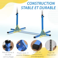 HOMCOM Barre fixe de gymnastique enfant - barre de gymnastique hauteur réglable 13 niveaux 92 à 150 cm - acier bleu bois hêtre(m-6)