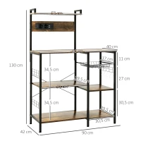 HOMCOM Estantería de Cocina para Microondas con Toma de Corriente Cargador USB 5 Ganchos 90x42x130 cm Marrón Rústico(m-3)