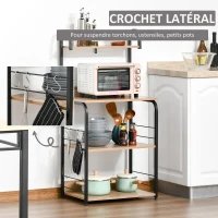 HOMCOM Étagère de cuisine - étagère micro-onde - meuble micro-onde - 3 étagères, plateau, crochets - aspect effet bois naturel châssis acier noir(m-5)