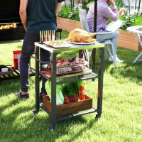 Outsunny Three-Shelf Outdoor Grill Cart with Stainless Steel Top, Outdoor Kitchen Island with 4 Wheels, 3 Hooks, Movable Food Prep Barbecue Pizza Oven Table for Kitchen, Garden, 65.5 x 41 x 79 cm(m-2)