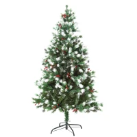 HOMCOM 5ft Snow-Dipped Artificial Christmas Tree w/ Red Berries Metal Base Home Season Decoration Holiday Elegant Traditional(m-1)