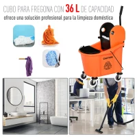 HOMCOM Cubo de Fregona con Ruedas 36L Carro de Limpieza con Escurridor de Presión y 2 Cubetas Separadas 54x41x91,5cm Naranja(m-4)