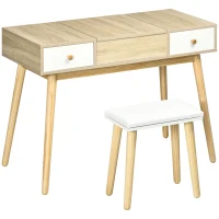 HOMCOM Tocador de Maquillaje con Espejo Abatible Mesa de Maquillaje con Taburete Acolchado Cojín Suave Compartimentos y Cajones Patas de Madera Maciza 100x45x118 cm Color Natural(m-11)