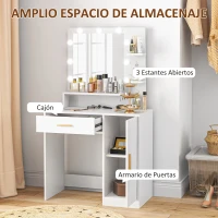 HOMCOM Tocador de Maquillaje con Taburete Espejo LED Cajones Estante Ajustable y Estantes Abiertos para Dormitorio Blanco(m-5)