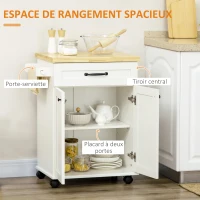 HOMCOM Desserte de cuisine à roulettes multi-rangements 1 tiroir 1 placard 1 portes-torchons blanc et plateau en bois(m-4)