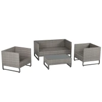 Outsunny 4 Pieces PE Rattan Garden Furniture with Cushion, Outdoor Wicker Conservatory Sofa Set w/ Armchairs, Loveseat, Glass Top Coffee Table, Grey(m-11)