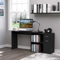 HOMCOM L-Shaped Desk, Corner Computer Desk, Adjustable Study Table with Storage Shelf, Drawer and Cabinet, Workstation for Home Office, Black Wood Grain(m-8)