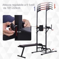 HOMCOM Palestra Multifunzione Power Tower per Allenamento a Casa con Panca e Barra di Trazione, Stazione Fitness Pieghevole, 98x 220x181-229cm(m-6)