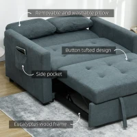 HOMCOM Loveseat Sofa Bed, Convertible Bed Settee with 2 Cushions, Side Pockets for Living Room, Charcoal Grey(m-7)