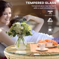 Outsunny Round End Table, Rattan Side Table, Hollow Drum Design Coffee Table w/ Glass Tabletop for Patio, Garden, Balcony Natural(m-4)