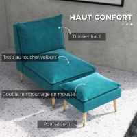HOMCOM Fauteuil de relaxation avec repose-pieds fauteuil relax de salon pieds en bois d'hévéa revêtement aspect velours bleu(m-4)