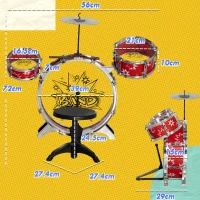 AIYAPLAY Batteria per Bambini 3-6 Anni a 7 Pezzi con Sgabello e Bacchette, in Plastica e Metallo, 72x29x56 cm, Rosso(m-3)