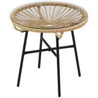 Outsunny Tavolino da Giardino Rotondo Stile Boho in Rattan PE e Vetro, Ø50x50cm, Beige(m-10)