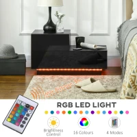HOMCOM High Gloss Front Bedside Table with Drawers Nightstand with RGB LED Light and Remote for Bedroom Living Room Black(m-4)