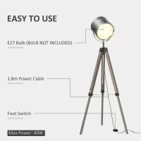 HOMCOM Floor Lamp with Adjustable Tripod for Living Room Bedroom, Vintage Spotlight Reading Lamp with Wood Legs, 115-155cm, Grey(m-7)