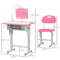 Set Scrivania e Sedia per Bambini 6-12 Anni ad Altezza Regolabili, Banco Scuola con Lampada, Cassetto, Gancio, Portapenne e Leggio, Set Banco con Sedia per Bambini in Acciaio e MDF, Rosa(m-3)