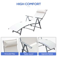 Outsunny Sun Lounger Steel Frame Outdoor Folding Chaise Texteline Lounge Chair Recliner with Headrest & 7 Levels Adjustable Backrest, Cream White(m-5)