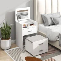 HOMCOM Tavolo da Trucco in Legno con Specchio Ribaltabile, 2 Cassetti e Sgabello, 50x40x113.5 cm, Bianco(m-2)
