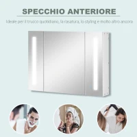 kleankin Armadietto Specchiera da Bagno con 3 Armadietti, 3 Ripiani e Luce LED, 90x15x65 cm, Bianco(m-7)