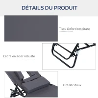 Outsunny Bain de soleil chaise longue pliante avec appuie-tête, trou de lecture, transat inclinable 4 positions en Oxford 600D, transat jardin extérieur camping piscine terrasse, 190x56x28cm, gris(m-6)