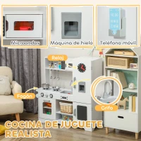 AIYAPLAY Cocina de Madera Infantil con Fogón Grifo Fregadero Microondas Reloj Máquina de Hielo y Accesorios de Cocina Blanco(m-4)