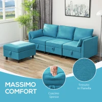 HOMCOM Divano Componibile Modulare 3 Posti con Pouf Poggiapiedi e Cuscini, Rivestimento in Flanella, Blu(m-6)