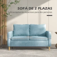 HOMCOM Sofá de 2 Plazas Tapizado en Poliéster con 2 Bolsillos Laterales Reposabrazos y Patas de Madera 143x76x83 cm Azul Claro(m-5)