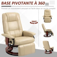 HOMCOM Fauteuil relax inclinable repose-pieds réglable pivotant 360° piètement bois revêtement synthétique crème(m-5)