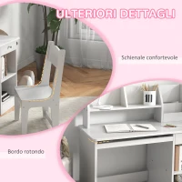 ZONEKIZ Banco Scuola e Sedia per Bambini da 5-8 Anni con Scaffale e Mensola Estraibile in Legno Bianco(m-7)