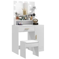 HOMCOM Tocador de Maquillaje con Taburete Espejo LED Cajones Estante Ajustable y Estantes Abiertos para Dormitorio Blanco(m-10)