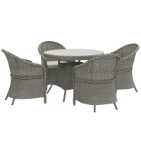 Outsunny 4 Seater Rattan Garden Furniture Set with Cushions, Round PE Rattan Dining Set with Glass-Top Table, Umbrella Hole, Outdoor Garden Table and Chairs, Grey(m-11)
