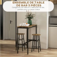 HOMCOM Ensemble table haute de bar + 2 tabourets structure en acier plateau aspect effet bois d'acajou 2 personnes noir(m-4)