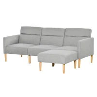 HOMCOM L Shape Sofa Bed Set, Linen Fabric Corner Sofa Bed with Rubber Wood Legs and Footstool, Light Grey(m-11)