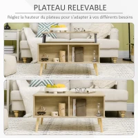 HOMCOM Table basse rectangulaire table de salon plateau relevable 2 niches coffre en bois dim. 85L x 60l x 59,5H cm bois clair(m-4)
