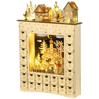 HOMCOM Calendrier de l'Avent LED en forme de village enneigé avec 24 tiroirs décoration lumineuse de Noël beige(m-11)